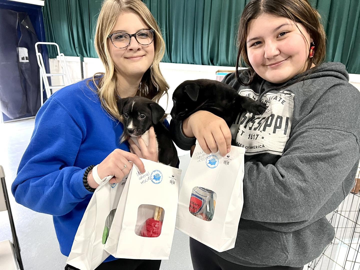 Young volunteers helping puppies at an event