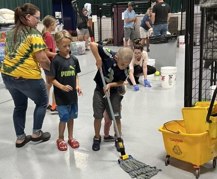 Volunteers cleaning and organizing during a rescue event