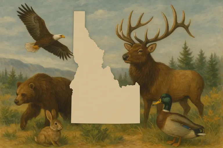 Illustration of Idaho wildlife around a map of the state