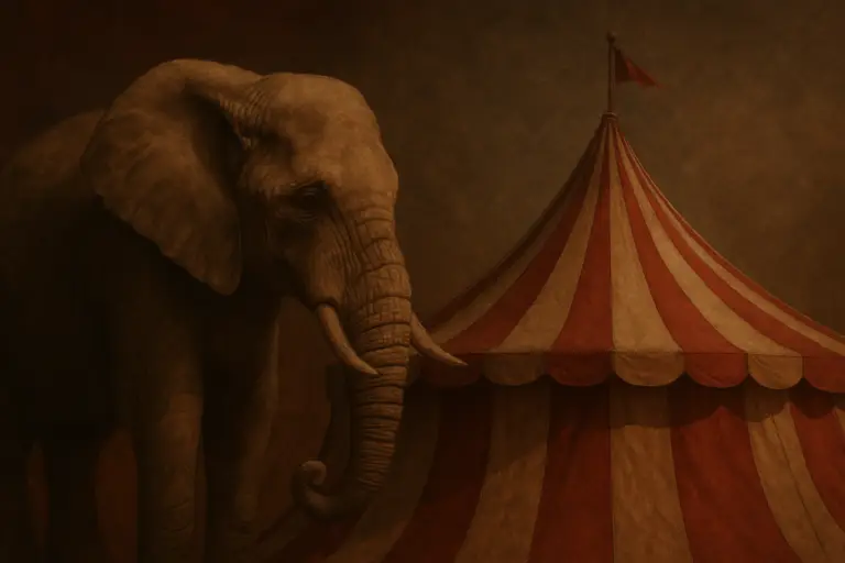 Illustration of an elephant beside a circus tent