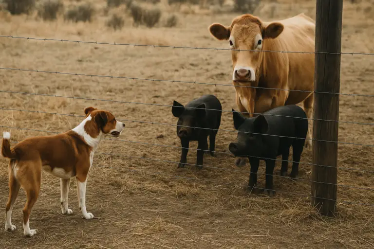Dog standing beside cattle and calves in a farm pen