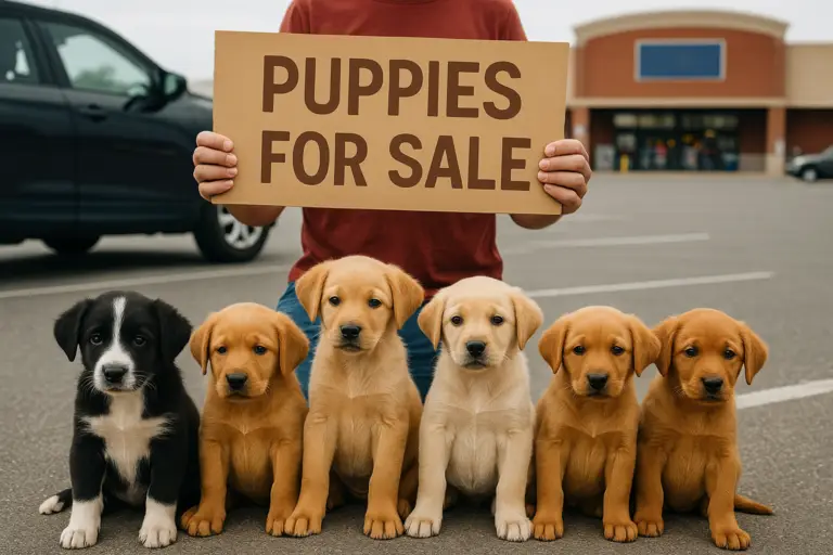 Illustration of puppies beside a Puppies for Sale sign