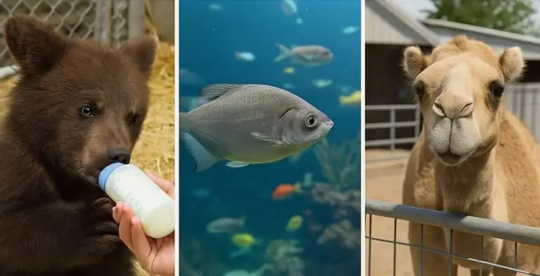 Collage of a bear, aquarium fish and a camel