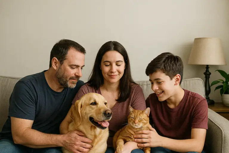 Family sitting on a sofa with a dog and a cat