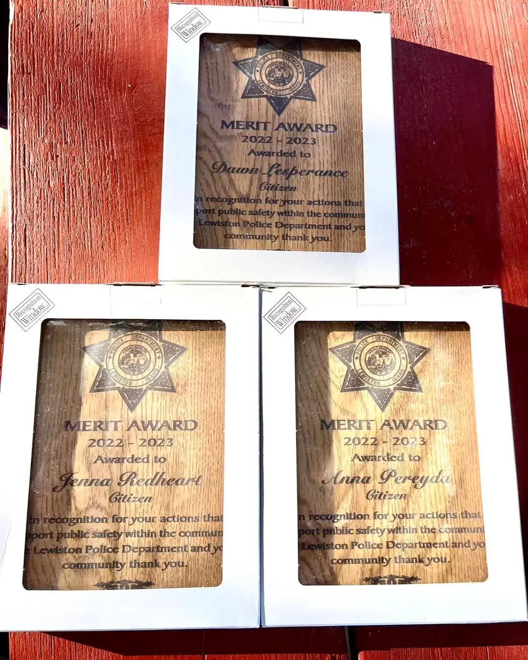 Three Lewiston Police Department Merit Award plaques