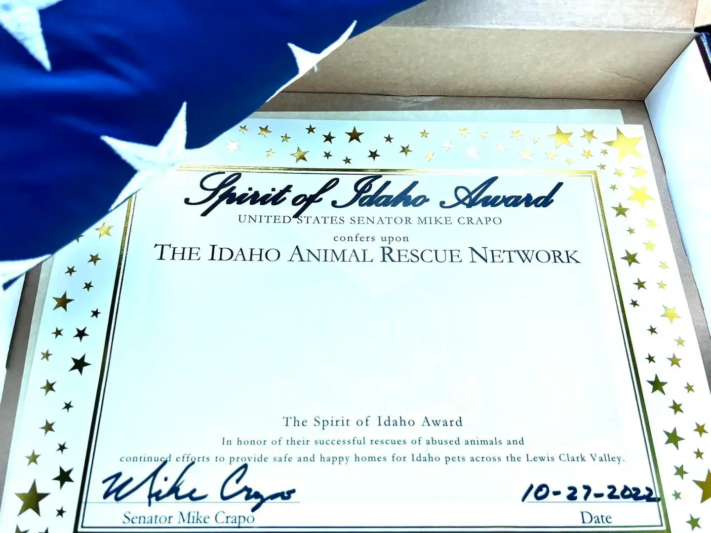 Spirit of Idaho Award certificate presented to IARN