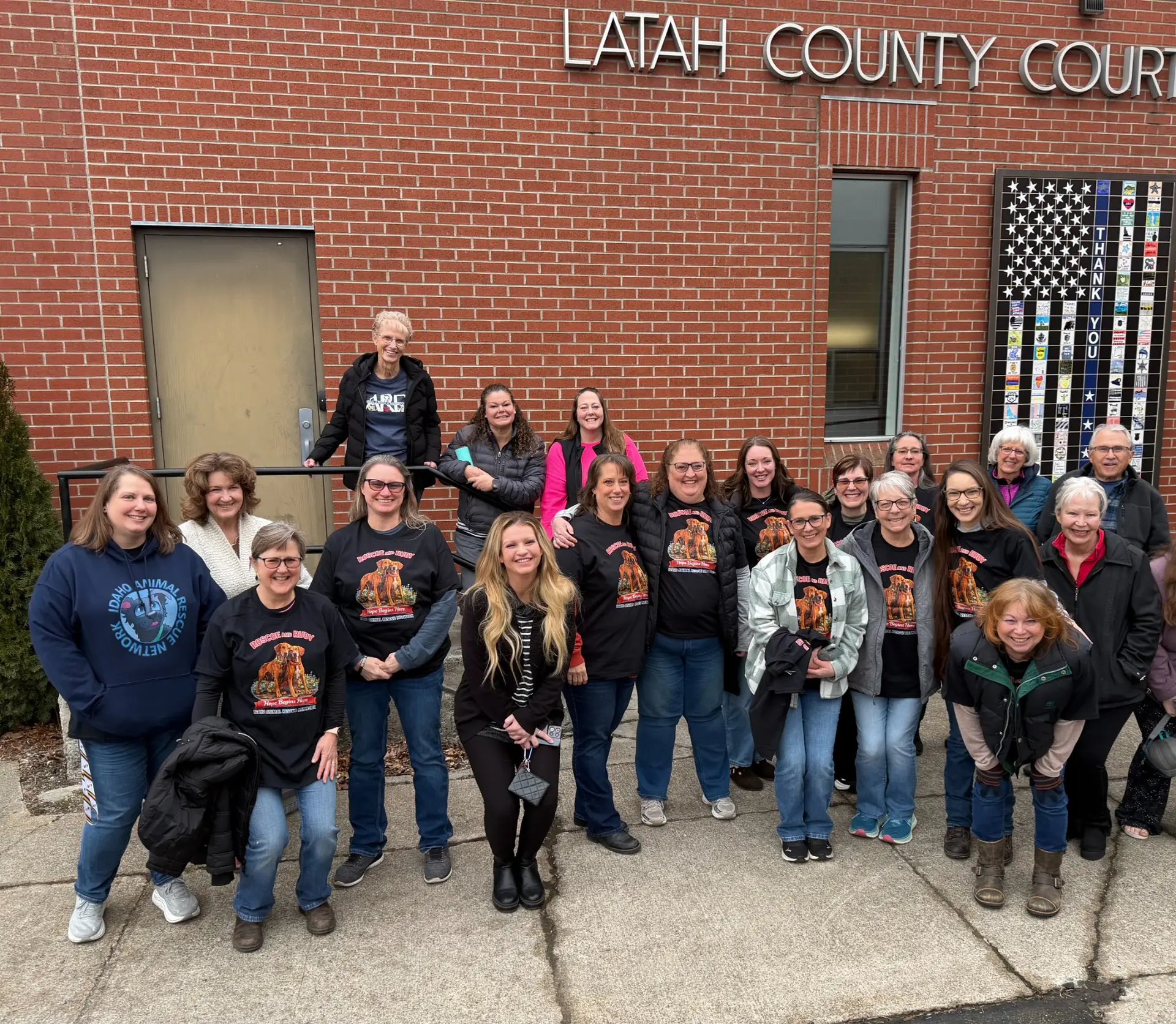 Idaho Animal Rescue Network supporters standing together outside Latah County Courthouse